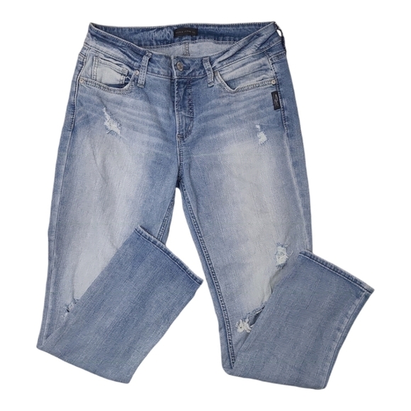 Silver Avery Straight High Rise Crop Distressed Light Wash Jean Size 30 - Picture 12 of 16